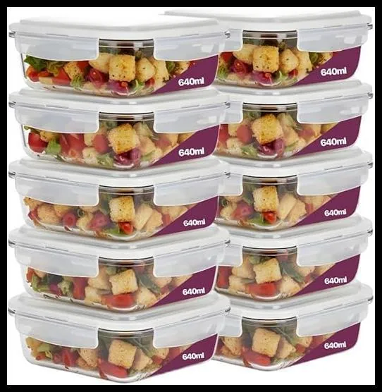 Kit 10 Potes De Vidro Borossilicato Retangular Marmita Com Tampa Hermética 640ml Resistente Premium