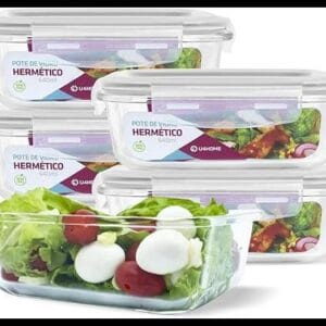 KIT 5 Potes de Vidro Retangular com Tampa Hermética 640ml Cor:Branco (QH)