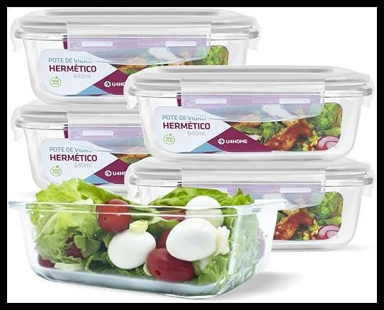KIT 5 Potes de Vidro Retangular com Tampa Hermética 640ml Cor:Branco (QH)