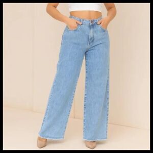 Calça Wide Leg Jeans Feminina Cintura Alta Levanta Bumbum