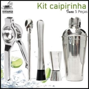 Kit Caipirinha Inox 5 Peças - 500ml Profissional Espremedor Coqueteleira Socador Macerador Dosador