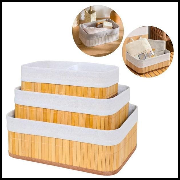 Kit 3 Cestos Organizadores de Bambu Multiuso com Forro