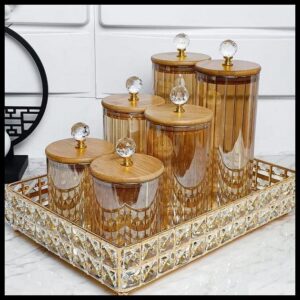 Conjunto Potes de Vidro com Tampa Bambu Cristal Porta Mantimentos Cozinha 3 Peças