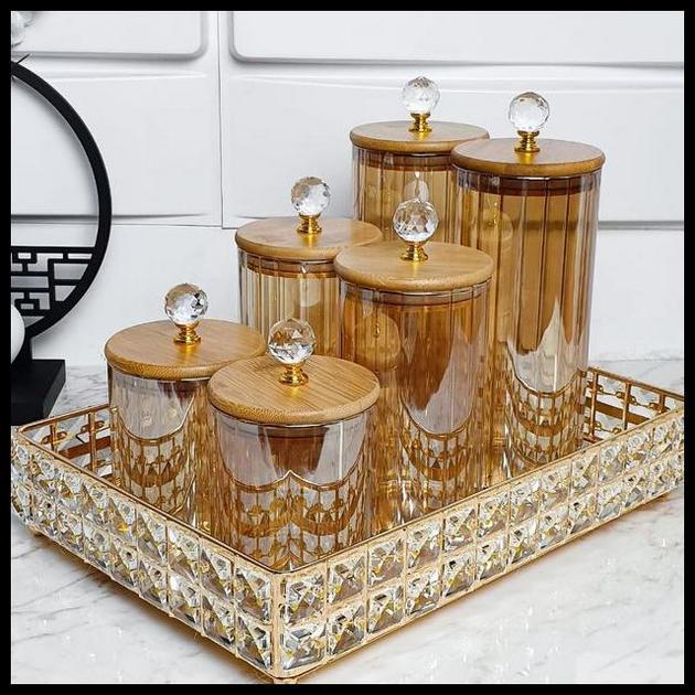 Conjunto Potes de Vidro com Tampa Bambu Cristal Porta Mantimentos Cozinha 3 Peças
