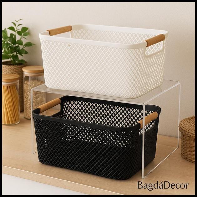 Cesto Organizador de Plástico com Alça de Bambu – Preto ou Branco, Tamanhos M e G Cozinha Banheiro