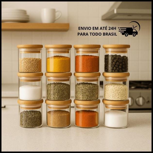 Kit 12 Potes de Vidro 200ml com Tampa de Bambu Hermético Mantimentos Condimentos Empilhaveis
