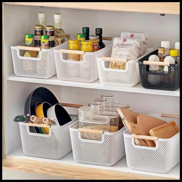 Cesto plástico Organizador Para Frutas Telado Retangular Fruteira Com Alça Madeira multiuso