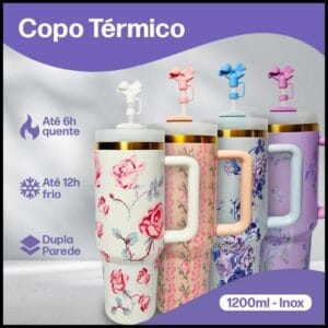 Copo Térmico com Canudo 1.2L Inox 1200mL Garrafa com Protetor de Canudo Florido Personalizado Floral
