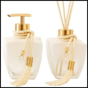 Kit Vidros Banheiro Luxo Degradê Branco Completo com Porta Sabonete Líquido e Difusor de Ambiente Elegante