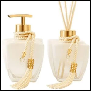 Kit Vidros Banheiro Luxo Degradê Branco Completo com Porta Sabonete Líquido e Difusor de Ambiente Elegante
