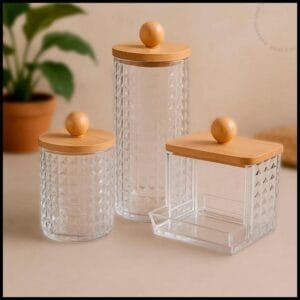 Conjunto 3 Peças Organizador Tampa Bambu Porta Algodão Porta Cotonete