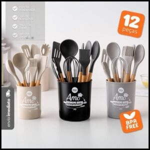 Jogo 12 Peças Utensílios Silicone Cabo Madeira Fouet Pegador - Bhz Store