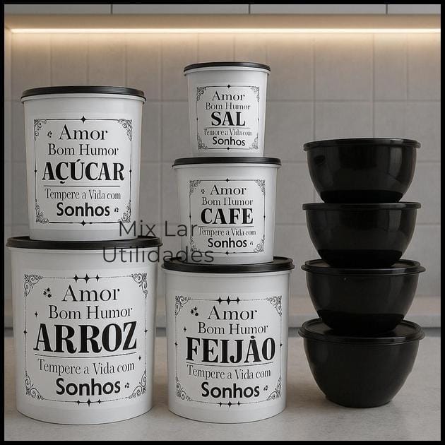 Kit potes de mantimentos cozinha com 9 peças de plástico decorado