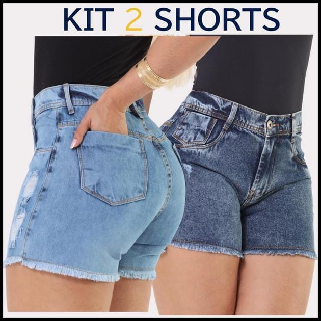 Kit 2 Shorts Jeans Feminino Cintura Alta Barra Desfiada Lavagens Diferentes