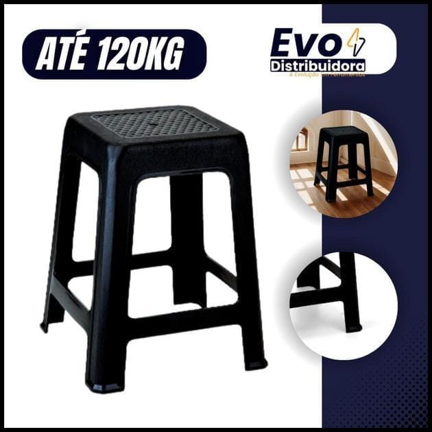 Kit 10 a 03 Banqueta Preta De Plástico Resistente Reforçada Adulto Suporta Até 120kg