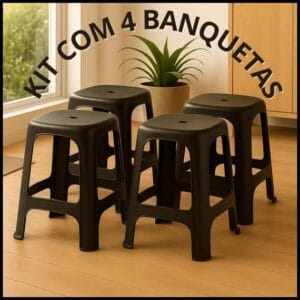 Kit de 4 Banqueta de Plástico Reforçada Preta Suporta Até 100 kgs Banquinho Banco
