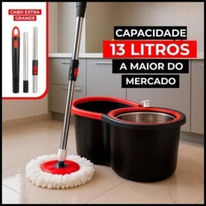 Mop Giratório Esfregão Cesto Inox Rodinhas Balde Centrifuga Cabo 140CM