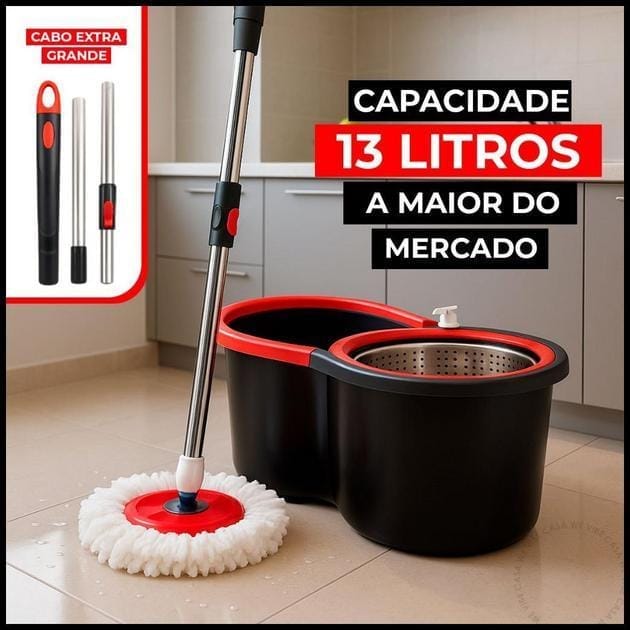 Mop Giratório Esfregão Cesto Inox Rodinhas Balde Centrifuga Cabo 140CM
