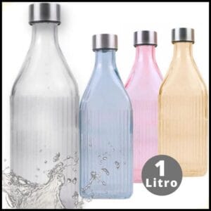 Garrafa de Vidro 1L Para Água Suco Geladeira Tampa Inox Colorida Canelada Filete Quadrada Hermética