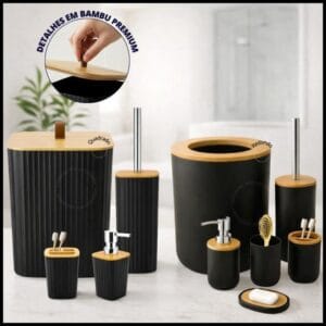 Kit Banheiro Completo Lixeira C/ Tampa Detalhes Em Bambu Luxo