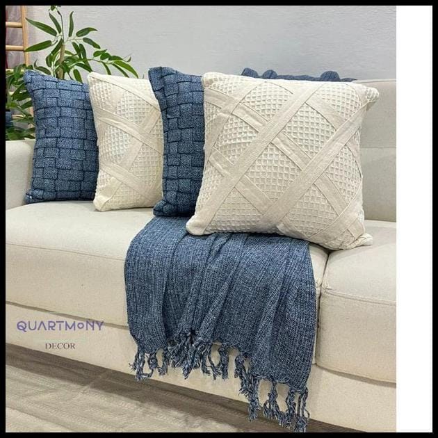 Kit Capa Almofada Fita Losango Azul Jeans Manta Grande Decorativa Sofa Cama Rustica Carnaval