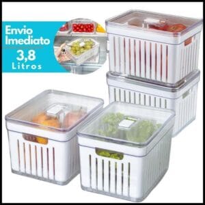 Kit 1- 4 Organizador de Geladeira 3,8 Litros Cesto Com Tampa Alimentos Verduras Potes de Salada Premium