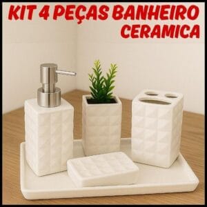 Kit Banheiro 4 Peças Saboneteira Ceramica Porta Sabonete Líquido Textura Diamante Porta Escova Dente