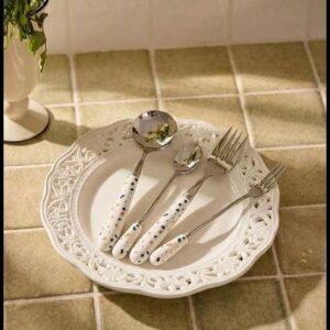 Cirelle 1 Peça Conjunto de Talheres de Aço Inoxidável Estilo Nórdico com Cabo de Cerâmica, Conjunto de Talheres com Padrão de Cascalho, Colheres, Colheres de Sobremesa, Garfos de Frutas e Colheres de Mexer, Perfeito para Festa e Uso Doméstico