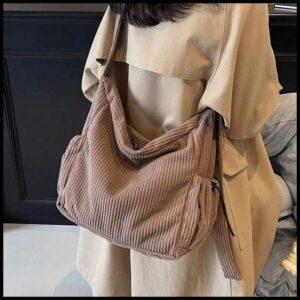 Bolsa Feminina De Ombro Transversal Multiuso Veludo Cotelê Casual Grande Capacidade Alça Regulável