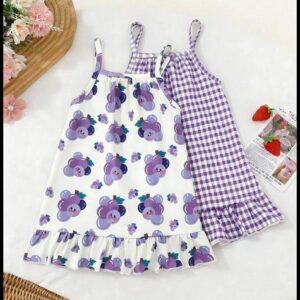 2 peças/Conjunto Vestido Casual de Menina Xadrez Vermelho com Estampa de Morango Ombro de Fora, Adequado para Festa, Feriado, Lazer, Férias, Uso Externo, Verão