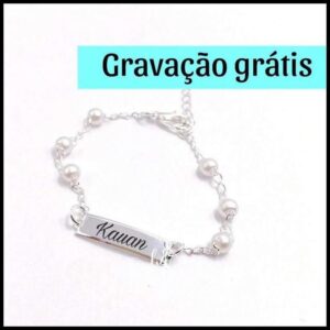 Pulseira Prata De Perola Infantil RN Bebê Personalizada Com Gravação Nome