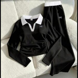 Sparklyn 2 peças/Conjunto Conjunto Esportivo Versátil e Casual para Adolescentes, Top de Manga Longa com Gola + Calça Combinando, com Decoração de Bordado em Laço, Cintura Elástica, Perna Reta Solta, Adequado para Uso Diário e Esportes