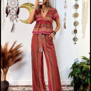 Hansera Conjunto de 2 peças com Calça de Perna Larga e Manga Curta com Estampa Boêmia Vermelha para Mulheres