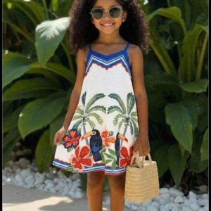 Vestido Estilo Alça Fina e Linha A com Padrão Floral de Planta Tropical e Totem Azul, Férias de Verão para Menina