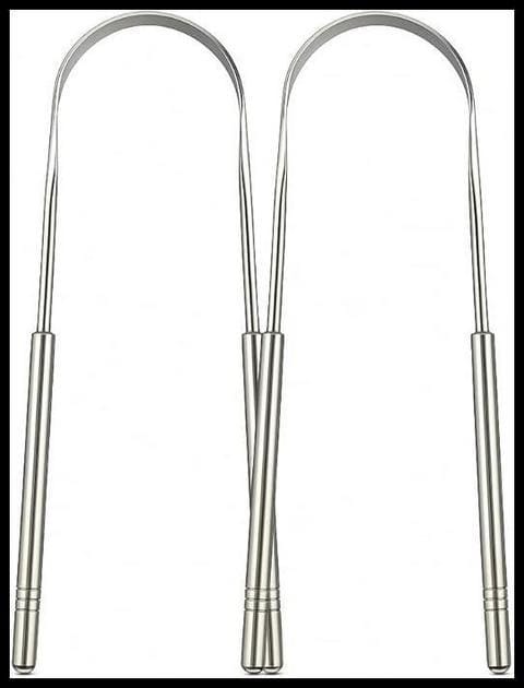 Kit 2 Raspadores de Língua Aço Inoxidável Elimina o Mau Hálito Toxinas e Resíduos Fácil de limpar Antibacteriano Higiênico Raspador De Lingua