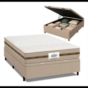 Cama Box Baú Casal Colchão Gazin Molas Flora Bege 138x188x61cm