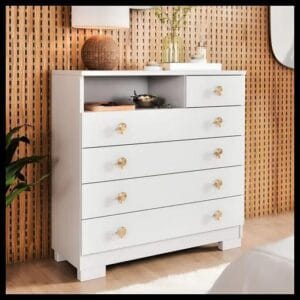 Cômoda 5 Gavetas com Nicho Organizador SELECT para Quarto 75cm Branca | Gaveteiro Multiuso com Puxadores Dourados Cor Branco