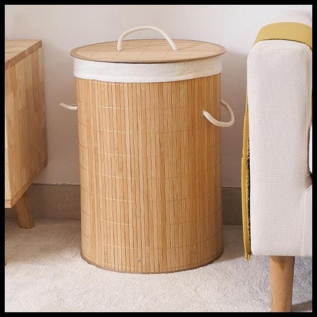 Cesto Redondo Forrado Roupas Sujas Banheiro/Lavanderia Bambu/Melhor Preço