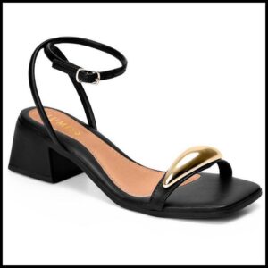 Sand谩lia Feminina Lumiss Salto Baixo Bloco Confort谩vel Enfeite Metalizado