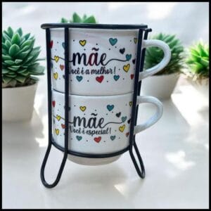 Kit Xícara com 2 Empilhável 200ml Branca Coração Colorido Mães (você é a melhor -você é especial)