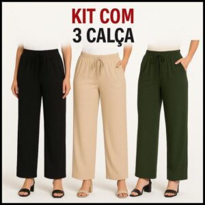 Kit 3 Calças Pantalonas Femininas Cintura Alta Tecido Duna Elegante