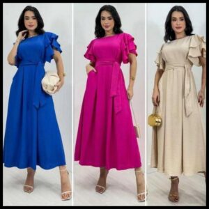 Vestido Feminino Manga Babado Detalhe Lastex na Costa Estilosa e confortável Tecido Duna não Amasa