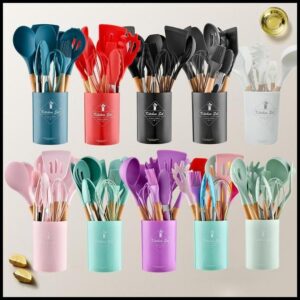 Kit C/12 Peças Utensílios De Cozinha Colheres Espatula Silicone Cabo Madeira Decoração Livre BPA
