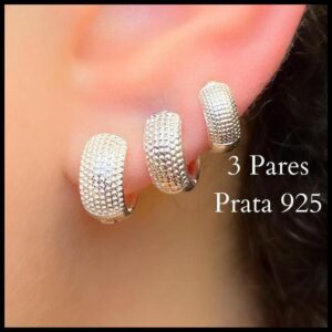 Trio Brincos Prata 925 Argolas Feminina Craquelada Fecho Click Joia Texturizada Delicada Direto de Fábrica 3 Pares
