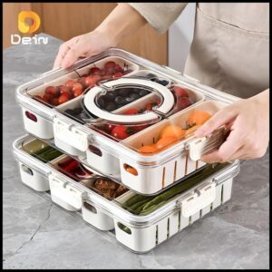 Caixa Organizadora de Alimentos Transparente Geladeira Empilh谩vel Multiuso com Divis贸rias