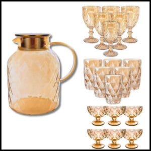 Coleção Diamond Ambar Jarra 1.8L, 6 Taças 340ML, 6 Copos e 6 Taças de sobremesa ou Kit Completo