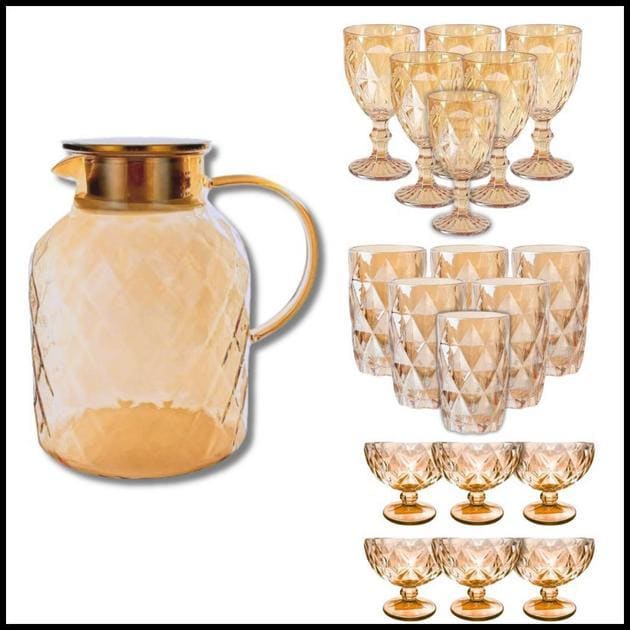 Coleção Diamond Ambar Jarra 1.8L, 6 Taças 340ML, 6 Copos e 6 Taças de sobremesa ou Kit Completo