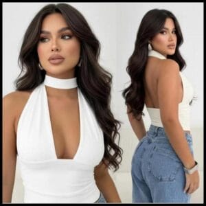 TOP CROPPED DE AMARRAÇÃO NO PESCOÇO MODA GRINGA DECOTADO COM DIVERSAS AMARRAÇÕES