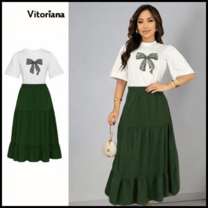 Conjunto Feminino Saia Babado + Blusa T-Shirt Estampada 100% Algodão | Moda Evangélica Cristã | Look Elegante