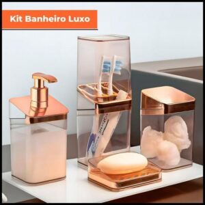 Kit Banheiro Luxo Lavabo Porta Sabonete Sabão Líquido Algodão Escova de Dentes Rose Gold